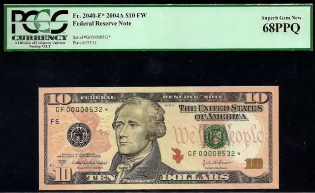 2004A $10 Federal Reserve Note Atlanta star PCGS 68PPQ 2nd highest graded  8532