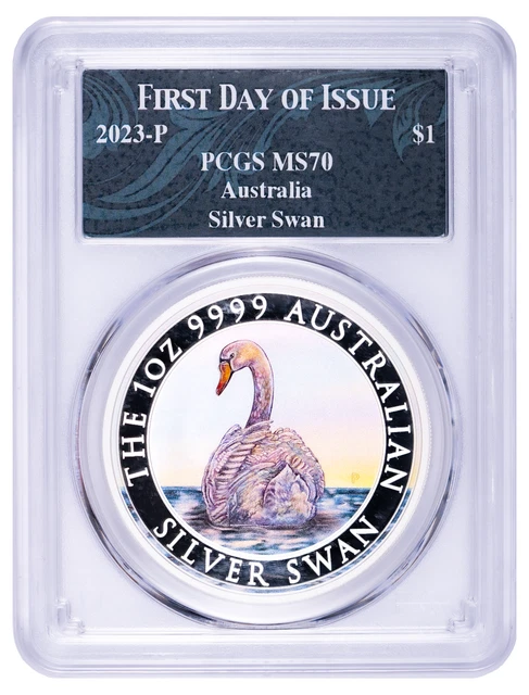 2023 $1 Australia Colorized Silver Swan PCGS MS70 First Day of Issue - Box & COA