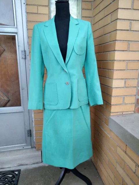 Vintage Women's suit 1970's linen mint green blazer skirt ILGWU made