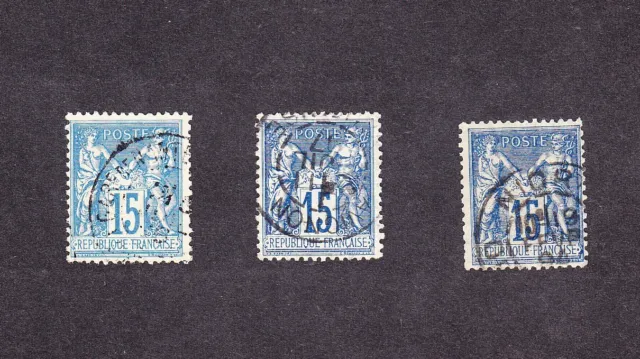 France lot de 3 Timbres type SAGE type 2 oblitéré 15c bleu n°101 voir scan 
