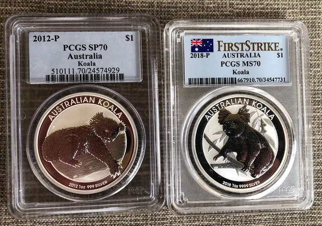 Pcgs Australia 2 Koala Coin Set. 2012 Sp70 And 2018 Ms70.