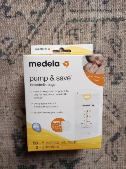 Medela Pump & Save Breastmilk Bags 50ct and 2 Adapters Storage New In Box #87234