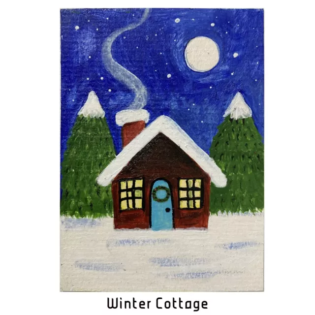 ACEO ORIGINAL PAINTING Mini Collectible Art Card House Trees Winter Cottage Ooak