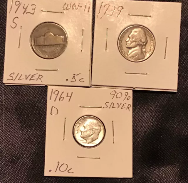 Old US Silver Coins Starter Collection Lot: 1964 Dime, 1939 & 1943-S Nickels.