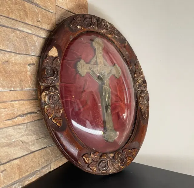 French Antique Cross , Ornate Frame 1800s, Glass Oval, Convex, Red Velvet, Wood⭐