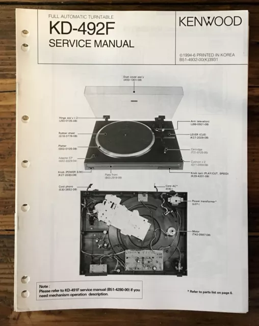 Kenwood KD-492F Record Player / Turntable Service Manual *Original*