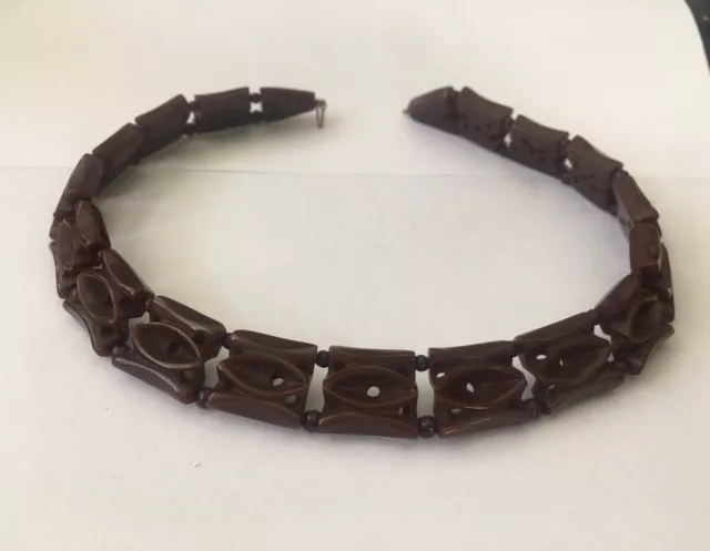 Vintage Rare Brown Bakelite Carved Panel Choker Style Necklace Tested