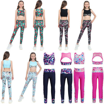 Kids Girls Sport Suit High Waist Crop Top Graffiti Print Pants Set Gym 2Pcs Sets