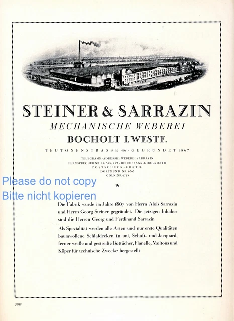 Weberei Steiner & Sarrazin Reklame 1925 Teutonen Strasse Westfalen Werbung Ad