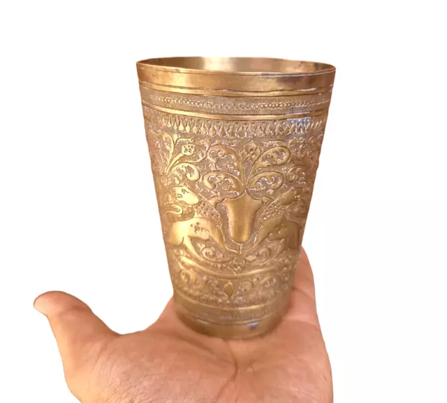 Vintage Old Antique Brass Fine Lion Floral Embossed Victorian Milk / Water Glass