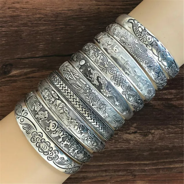 Vintage Opening Elephant Tibetan Tibet Silver Totem Carved Bangle Cuff Bracelet