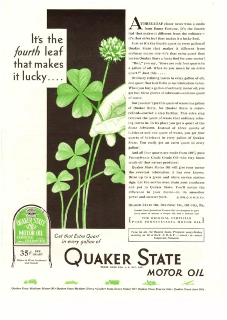 1930 Quaker State Motor Oil City PA Sign 35¢ "Four Leaf Clover" Lucky Print Ad