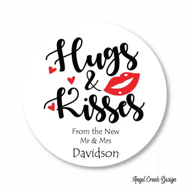 Round Bridal Shower Wedding Favor Labels - Hugs and Kisses - Choice of 3 Sizes