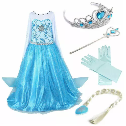 Kids Girls Princess Queen Elsa Anna Halloween Cosplay Costume Fancy Dress&Crown*