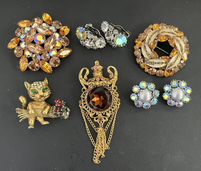 Vintage ALL Designer Signed ALL Rhinestone Jewelry Lot Weiss Kramer Florenza