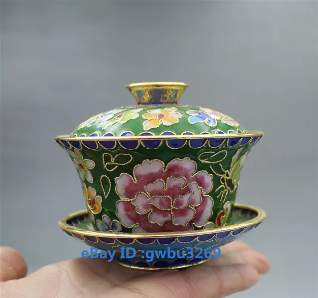 Vintage Original Chinese Cloisonne Bowls Handwork Carved  flower Tea cup 21682
