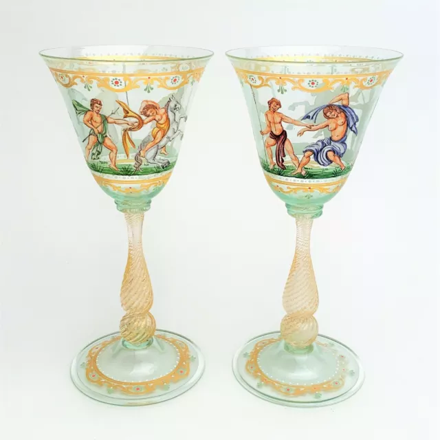 Pair Antique Salviati Venetian Hand Painted Water Goblet, Sabine Mythology Scene