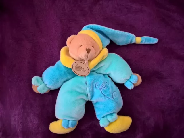 Doudou Peluche Ours Baby Nat Bonnet Bleu Turquoise Jaune Fleur Brodée babynat