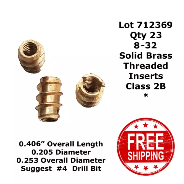 8-32 x 0.406" OAL SOLID BRASS Threaded Inserts New Old Stock (23) 712369