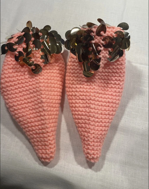 Vintage 60s Handmade Pink Knitted Gold Sequin Sock Slipper Booties