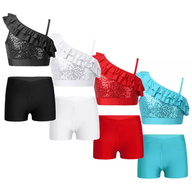 DE Mädchen Hip Hop Tanz Kostüm Kinder Pailletten Crop Top Shorts Tanzkleidung