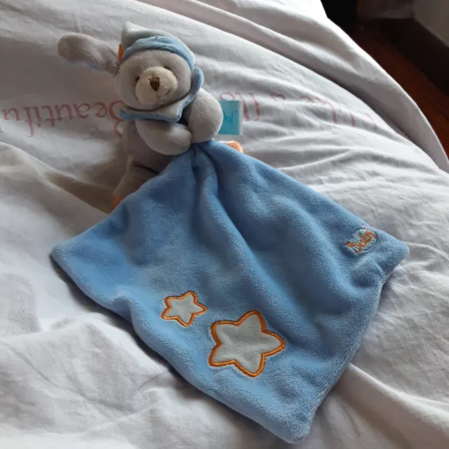 Peluche doudou ours chien BABY NAT' mouchoir bleu étoiles tbe