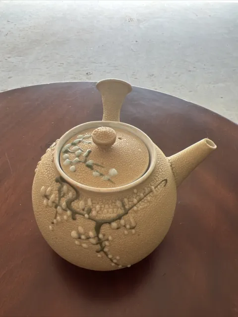 Japanese Banko Pottery Teapot Meiji Sharkskin Glaze Beaded Floral Moriage