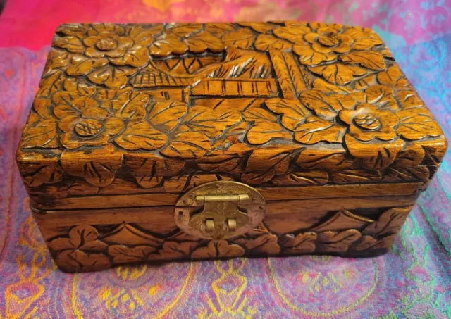Vintage Hand Carved Wooden Box Jewelry Trinket Flowers and Mountains Intricate