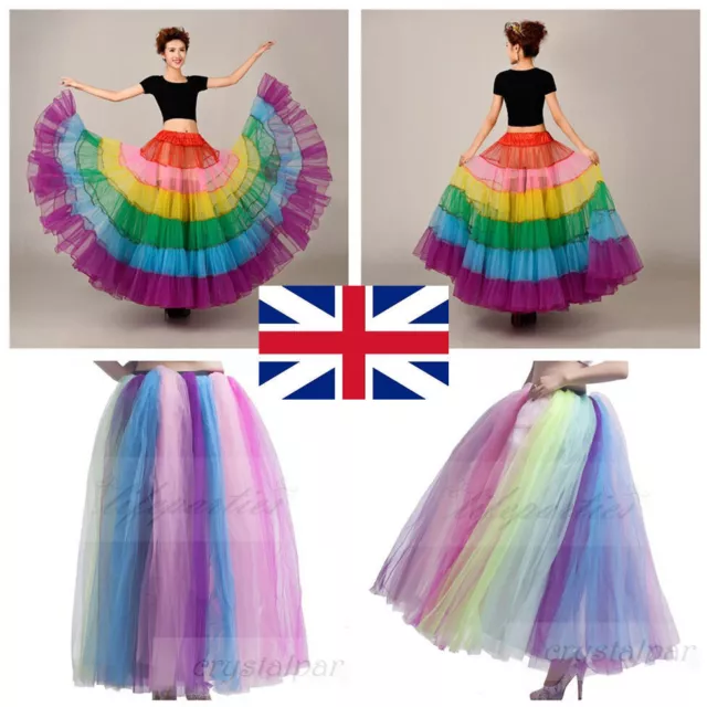 39" Women‘s Rainbow Long Petticoat Retro Underskirt Net Tutu Colorful Skirt