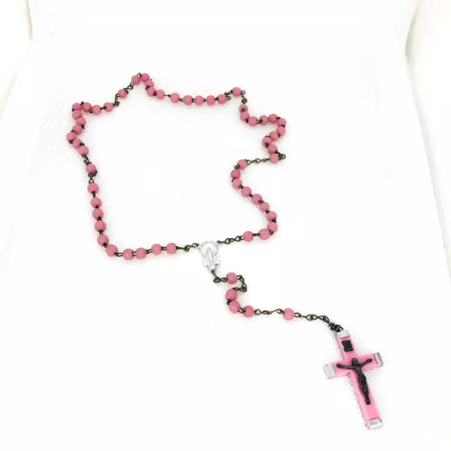 Vintage Italian PINK Milk Glass Bead Silver Cross Crucifix Rosary  Catholic