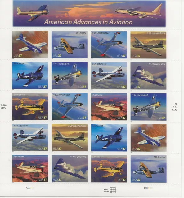 2005 37 cent American Aircraft full Sheet of 20 Scott #3916-3925, Mint NH