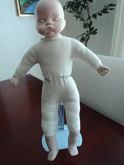 Vintage Small Porcelain Baby Doll Cloth Body & Stand