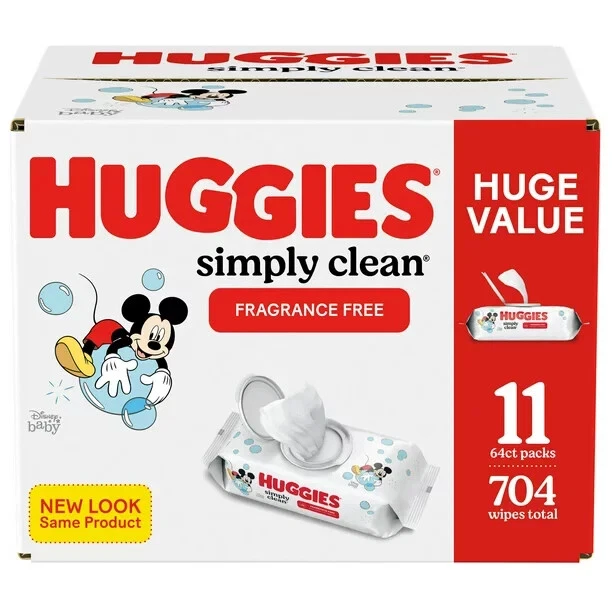 Huggies Simply Clean Unscented Baby Wipes, 11 Flip-Top Packs (704 Wipes Total)