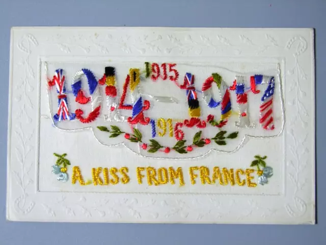 Postcard, WW1 Embroidered Silk, Kiss from France 1914-17 Allied Flags...Grade VG