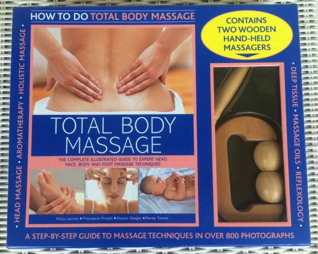 Total Body Massage Kit W/256 Page Book and Two Wood Rollers Unused in Box