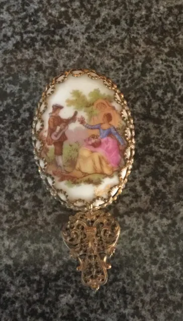 Vintage Small Porcelain Oval Purse Mirror - Fragonard Image Courting Couple