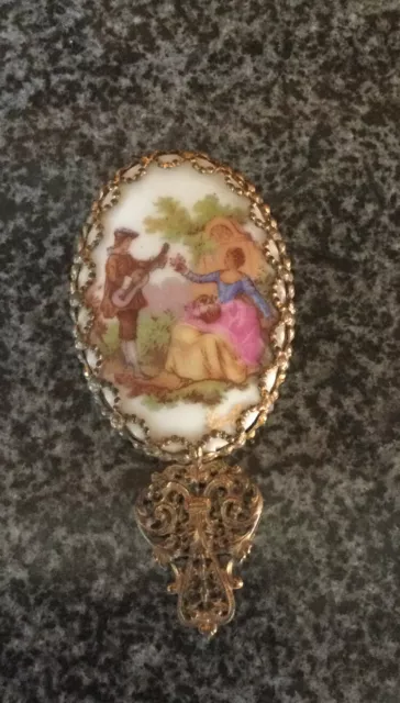 Vintage Small Porcelain Oval Purse Mirror - Fragonard Image Courting Couple