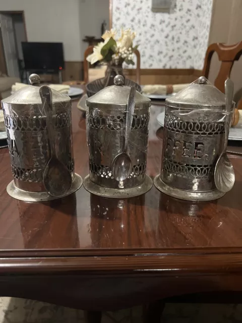 Leonard Silver Plate Coffee, Tea Canister & Sugar w/Spoons. 6 Pc. No liners.