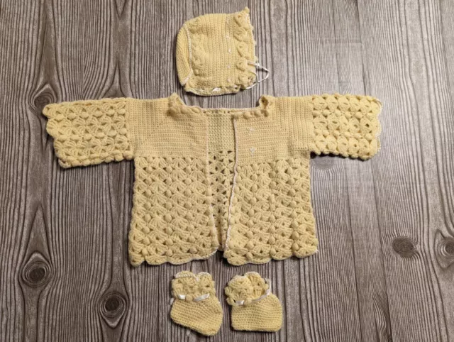 Vintage Crochet Baby Open Front Cardigan Sweater, Booties & Hat Yellow Handmade
