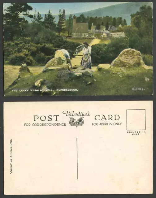 Ireland Old Postcard The Lucky Wishing Well Bridge Women Glendalough Co. Wicklow