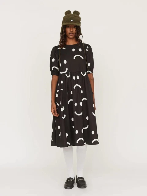 NEW LAZY OAF Happy Sad Black White Puff Sleeve Midi Dress Size