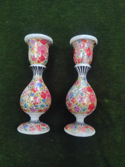 Pair of Indian Kashmiri wooden candlesticks 15cm tall.