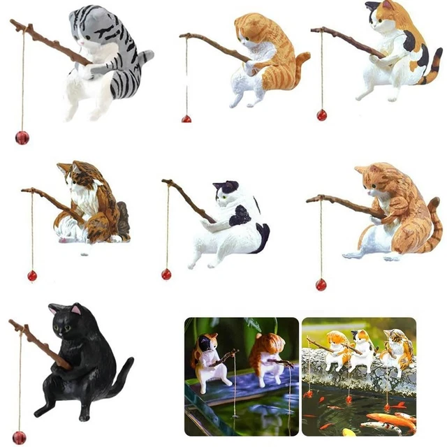 MINI CATS FISHING Figurine Cat Sculpture Cat Aquarium Fish Tank