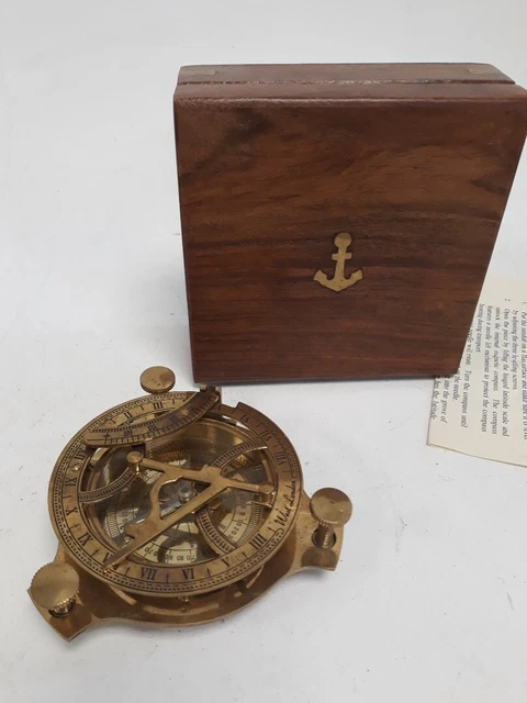 Marine Round Brass Folding Sundial Compass in Wood Box Ahura Collectables #299
