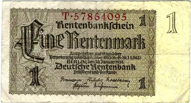 Banknote Rentenbankschein 1 Rentenmark 1937 Berlin DEU-222b Ro.166b P-173b(1)