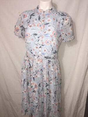 NWT Liza Luxe Design Pleated Short Sleeve Floral Midi Dress Light Blue Sz M