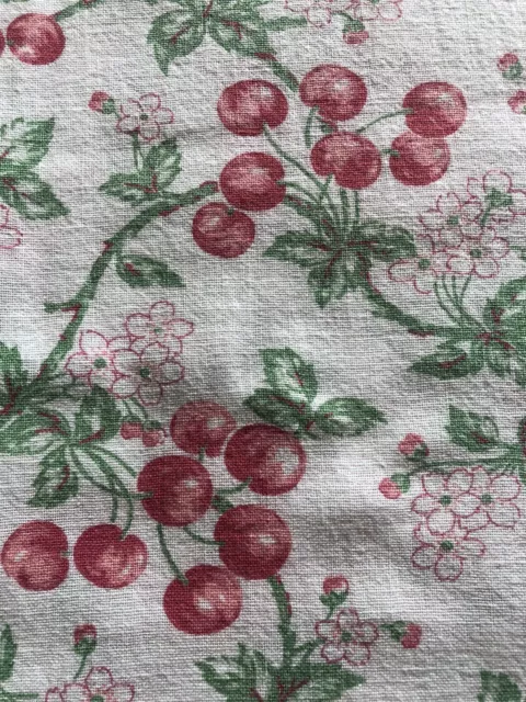 Vintage Feed Sack Red Cherry Clusters Small Pink and White Flowers Green Vines