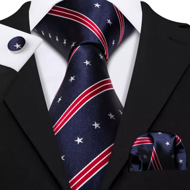 Classic 100% Silk Men Tie Blue Red Stars and Stripes Necktie Hanky Cufflink Set