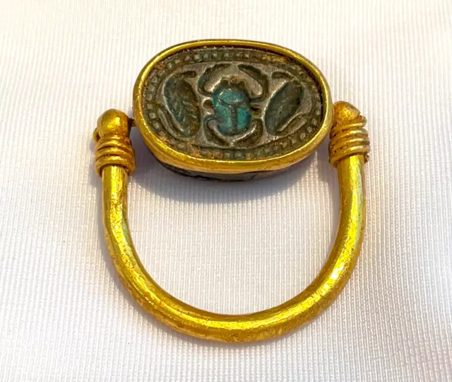 Ancient Egyptian Gold Swivel Ring With Scarab 1200-1000 Bc Steatite Artifact