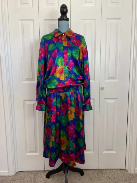 Vintage 80's/90's Russ 2 Piece Skirt Blouse Set Satin Midi Floral Pleats Size 12